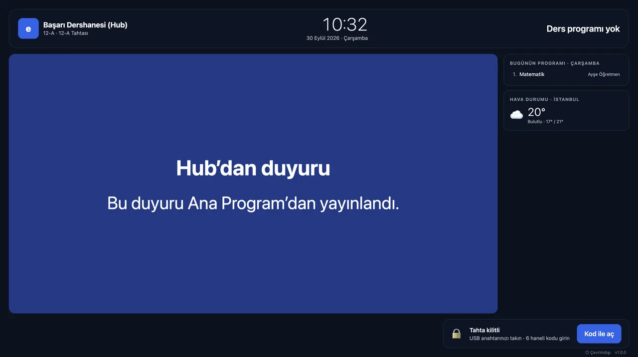 Akıllı tahta e-kilit sistemi: kilit ekranında duyuru, saat, hava durumu ve kod ile açma düğmesi
